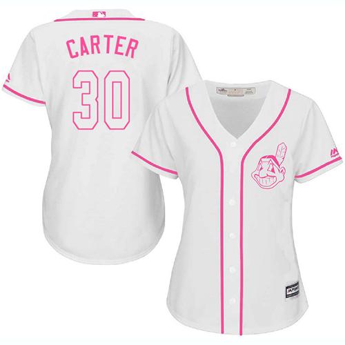 Indians #30 Joe Carter White/Pink Fashion Women's Stitched MLB Jersey - Click Image to Close